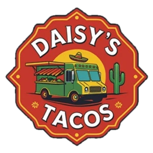 Daisy's Tacos logo: a green food truck under a yellow sun